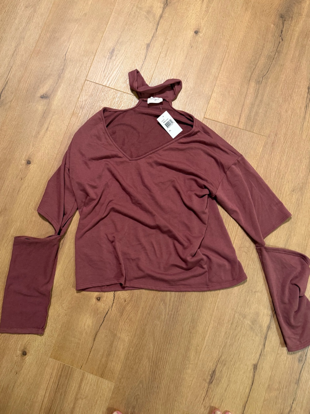 Everly Burgundy V-Neck Long Sleeve Top with Sleeve Cutouts